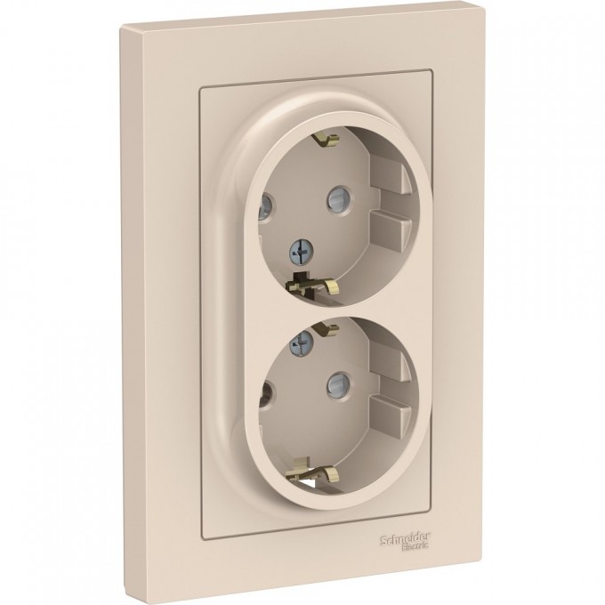 Розетка двойная SCHNEIDER ELECTRIC ATLASDESIGN с заземлением, со шторками, в сборе, бежевый ATN000226