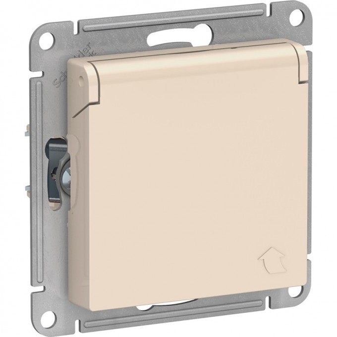 Розетка SCHNEIDER ELECTRIC ATLASDESIGN с заземлением, со шторками, с крышкой, механизм, бежевый ATN000246